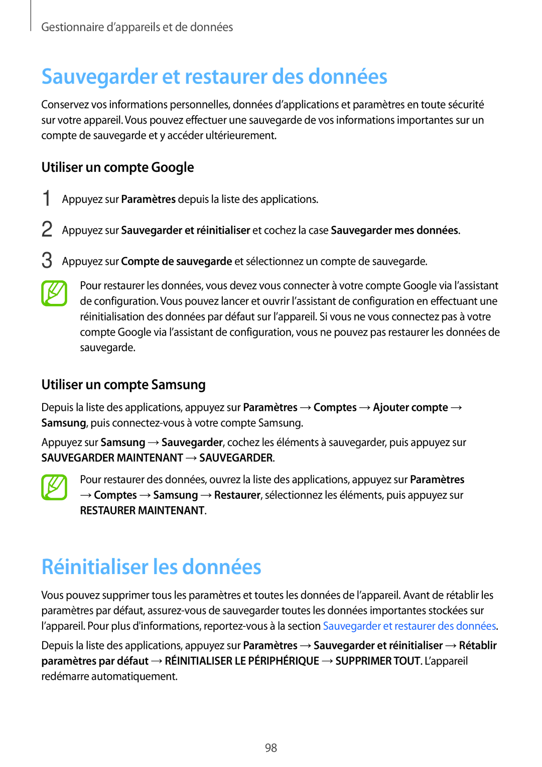 Samsung SM-A300FZKUSFR manual Sauvegarder et restaurer des données, Réinitialiser les données, Utiliser un compte Google 