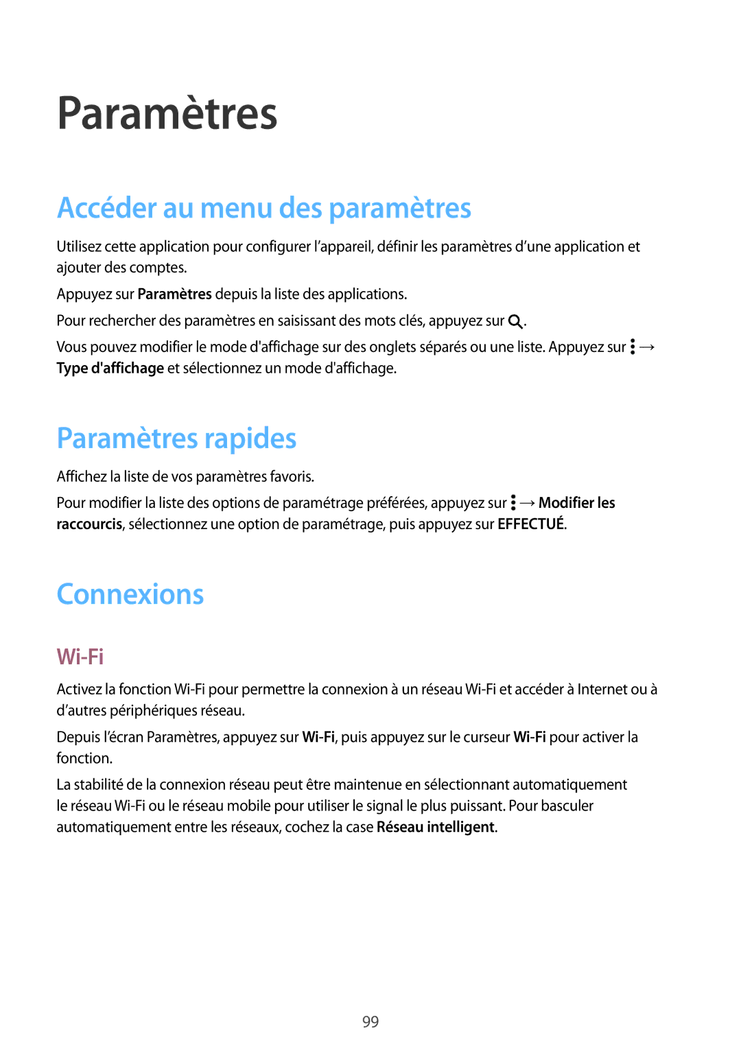 Samsung SM-A300FZKUFTM, SM-A300FZSUXEF manual Accéder au menu des paramètres, Paramètres rapides, Connexions, Wi-Fi 