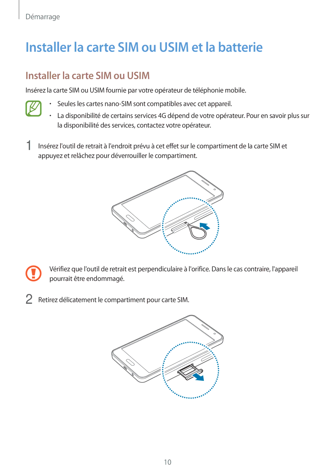 Samsung SM-A300FZSUXEF, SM-A300FZKUBOG, SM-A300FZWUFTM, SM-A300FZWUSFR manual Installer la carte SIM ou Usim et la batterie 