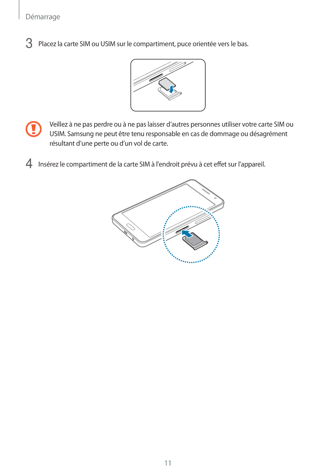 Samsung SM-A300FZKUBOG, SM-A300FZSUXEF, SM-A300FZWUFTM, SM-A300FZWUSFR, SM-A300FZWUBOG, SM-A300FZWUXEF manual Démarrage 