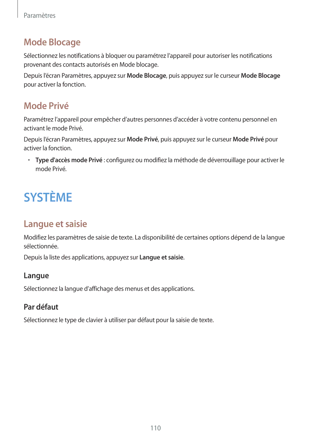 Samsung SM-A300FZSUXEF, SM-A300FZKUBOG, SM-A300FZWUFTM manual Mode Blocage, Mode Privé, Langue et saisie, Par défaut 