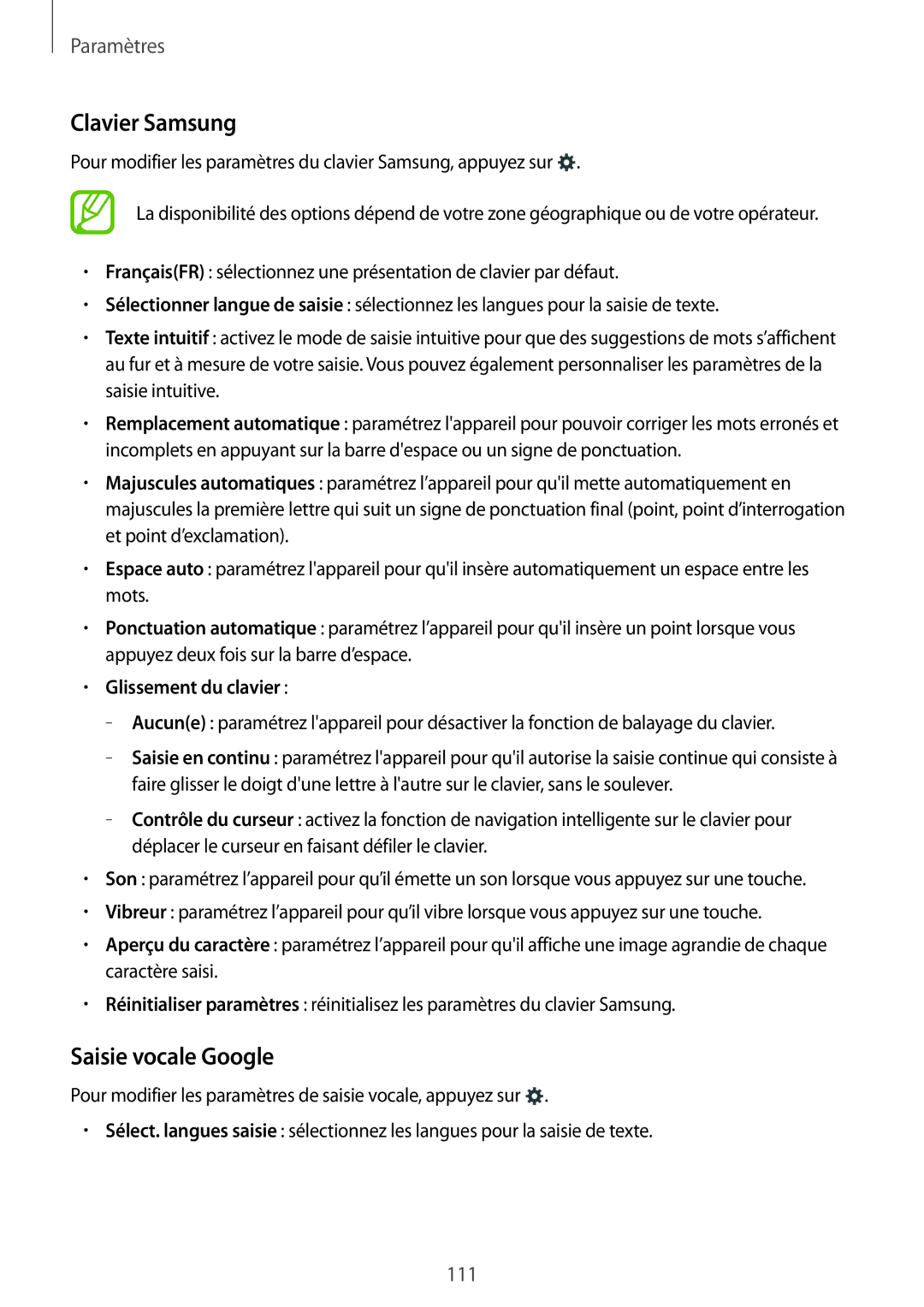 Samsung SM-A300FZKUBOG, SM-A300FZSUXEF, SM-A300FZWUFTM manual Clavier Samsung, Saisie vocale Google, Glissement du clavier 