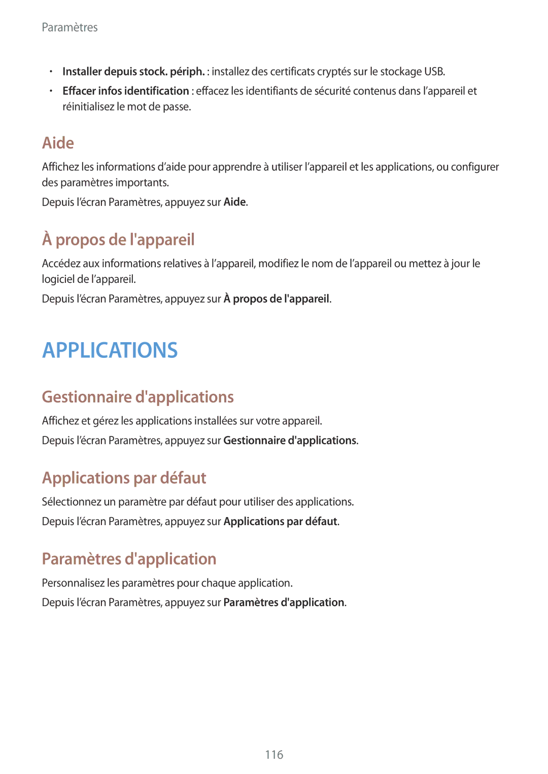 Samsung SM-A300FZKUXEF, SM-A300FZSUXEF manual Aide, Propos de lappareil, Gestionnaire dapplications, Applications par défaut 