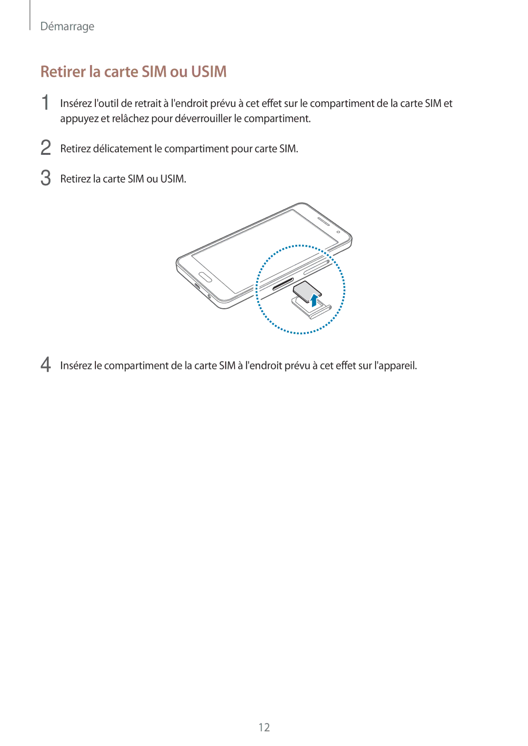 Samsung SM-A300FZWUFTM, SM-A300FZSUXEF, SM-A300FZKUBOG, SM-A300FZWUSFR, SM-A300FZWUBOG manual Retirer la carte SIM ou Usim 