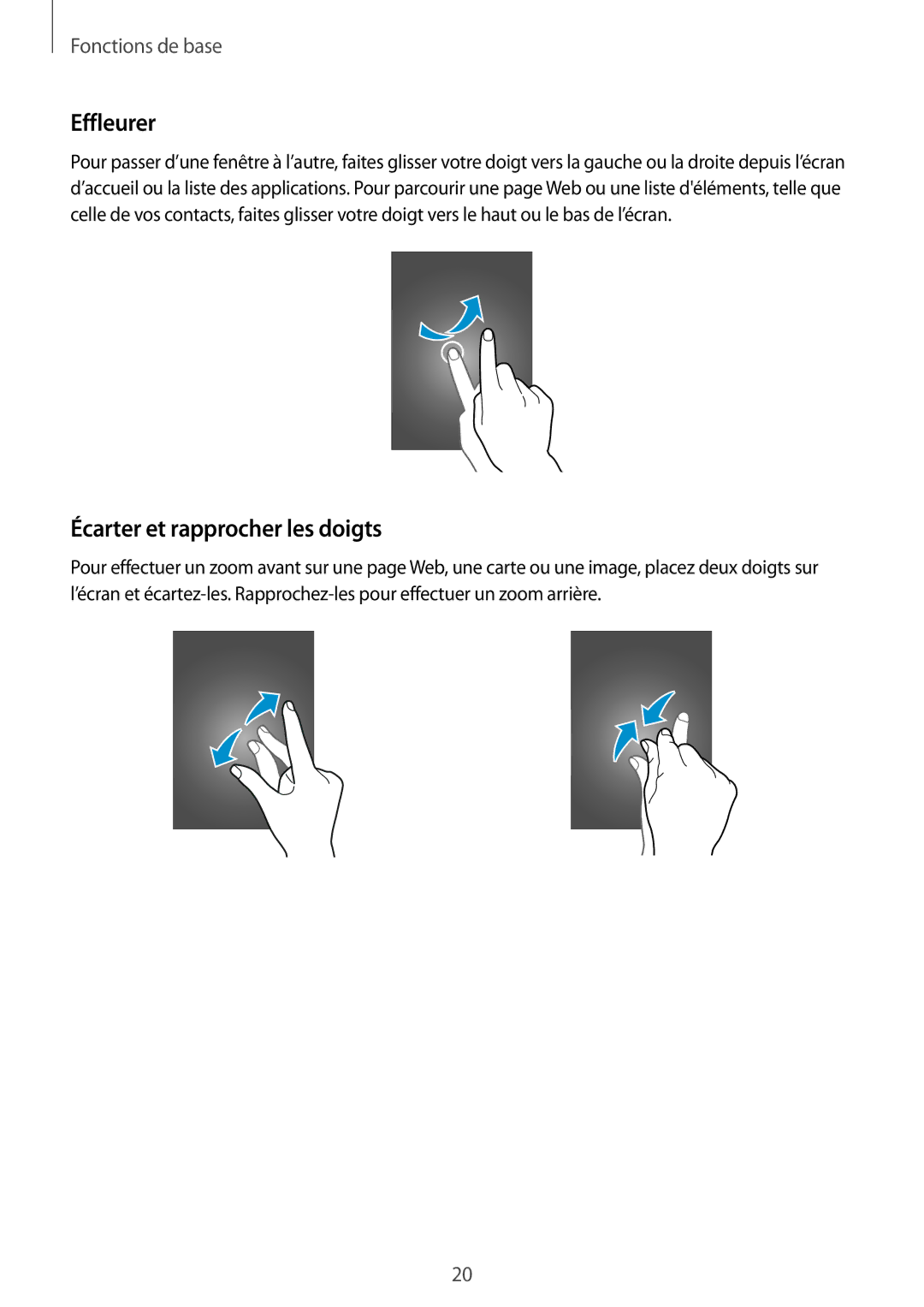 Samsung SM-A300FZSUXEF, SM-A300FZKUBOG, SM-A300FZWUFTM, SM-A300FZWUSFR manual Effleurer, Écarter et rapprocher les doigts 