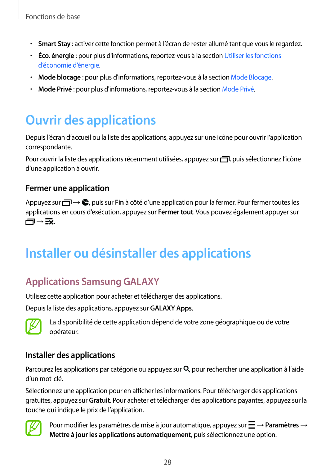 Samsung SM-A300FZKUSFR Ouvrir des applications, Installer ou désinstaller des applications, Applications Samsung Galaxy 