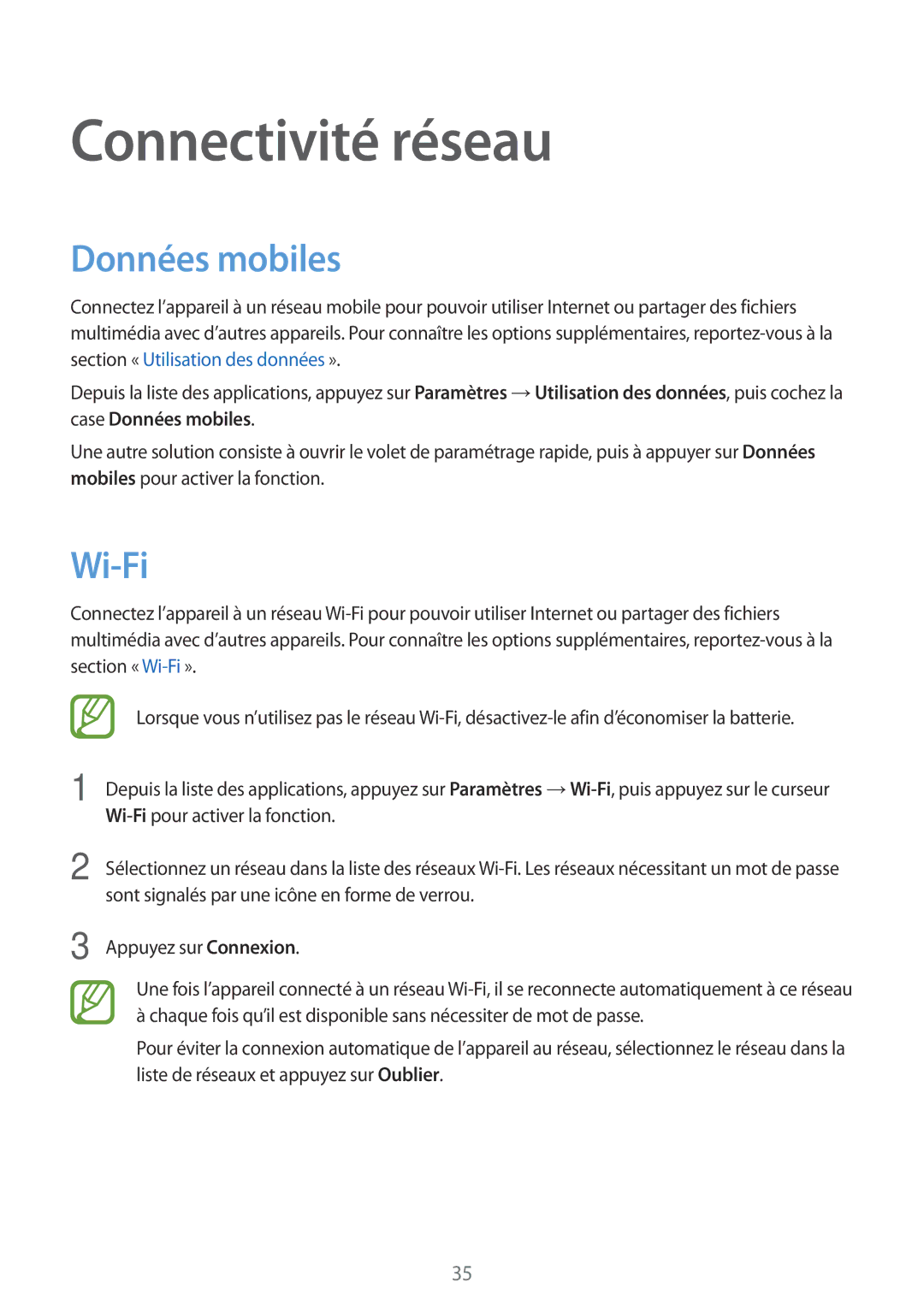 Samsung SM-A300FZWUXEF, SM-A300FZSUXEF, SM-A300FZKUBOG, SM-A300FZWUFTM manual Connectivité réseau, Données mobiles, Wi-Fi 