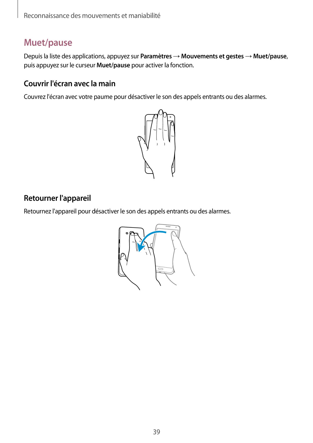 Samsung SM-A300FZKUFTM, SM-A300FZSUXEF, SM-A300FZKUBOG manual Muet/pause, Couvrir lécran avec la main, Retourner lappareil 