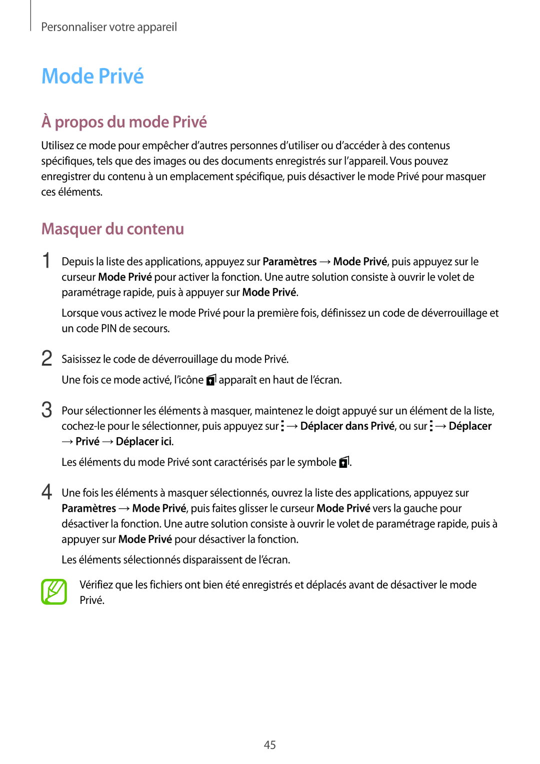 Samsung SM-A300FZWUXEF, SM-A300FZSUXEF manual Mode Privé, Propos du mode Privé, Masquer du contenu, → Privé →Déplacer ici 