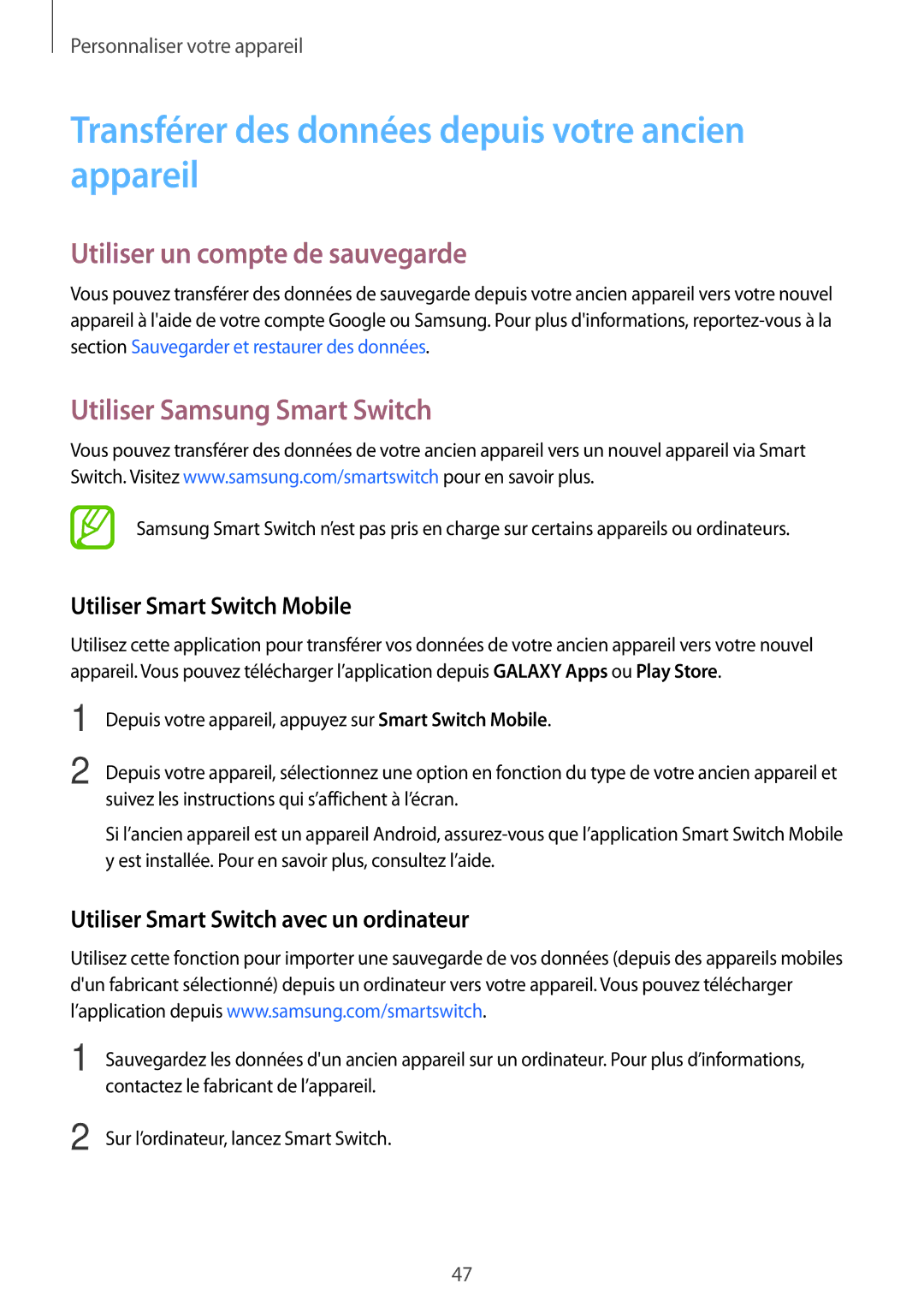 Samsung SM-A300FZDUFTM manual Transférer des données depuis votre ancien appareil, Utiliser un compte de sauvegarde 