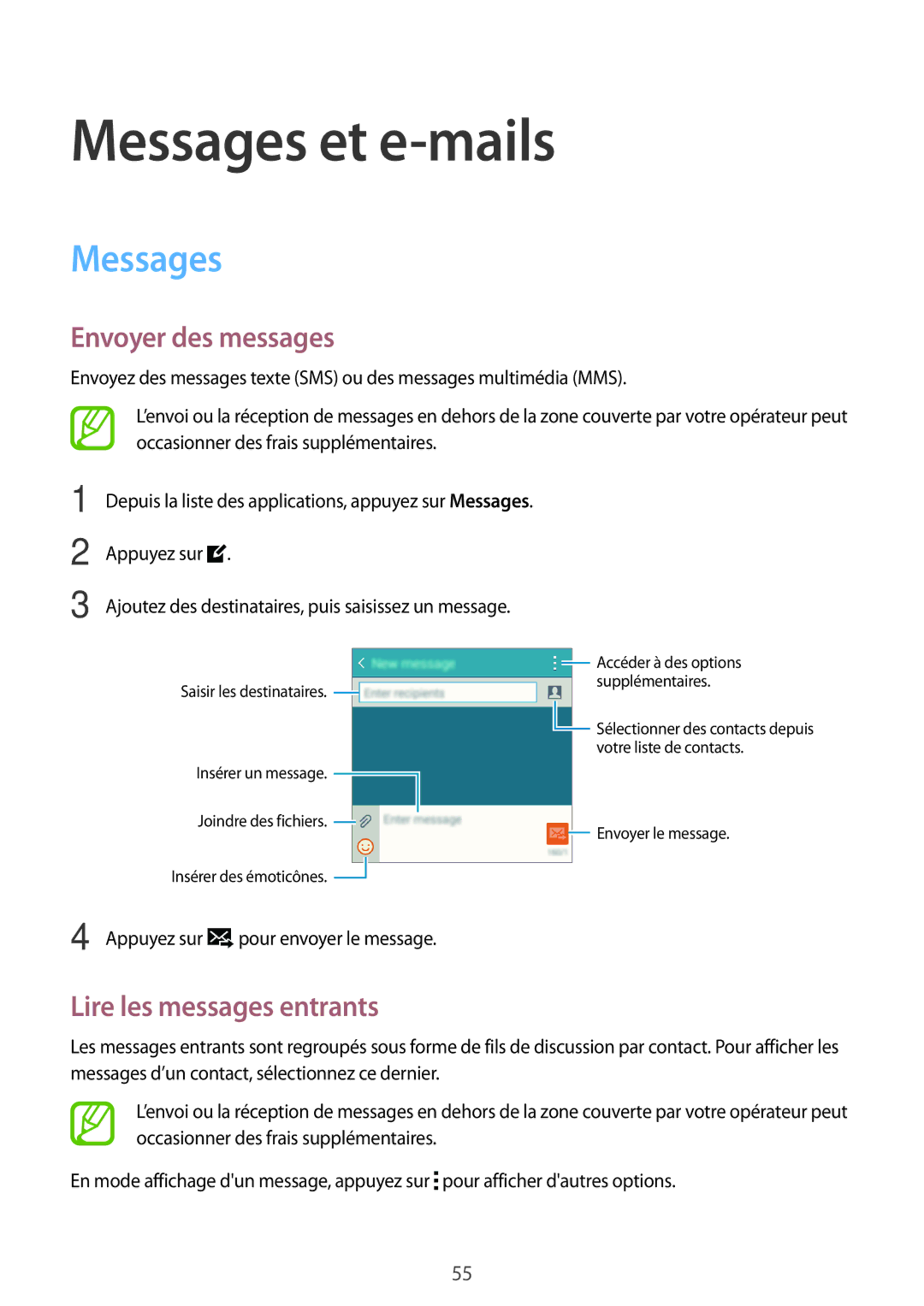 Samsung SM-A300FZWUXEF, SM-A300FZSUXEF manual Messages et e-mails, Envoyer des messages, Lire les messages entrants 