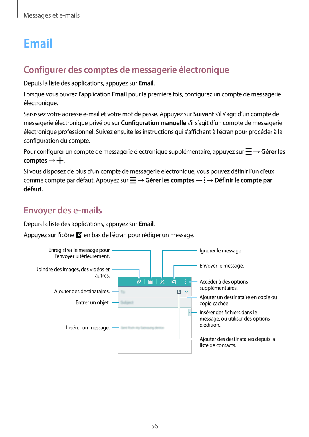 Samsung SM-A300FZKUXEF, SM-A300FZSUXEF manual Configurer des comptes de messagerie électronique, Envoyer des e-mails 