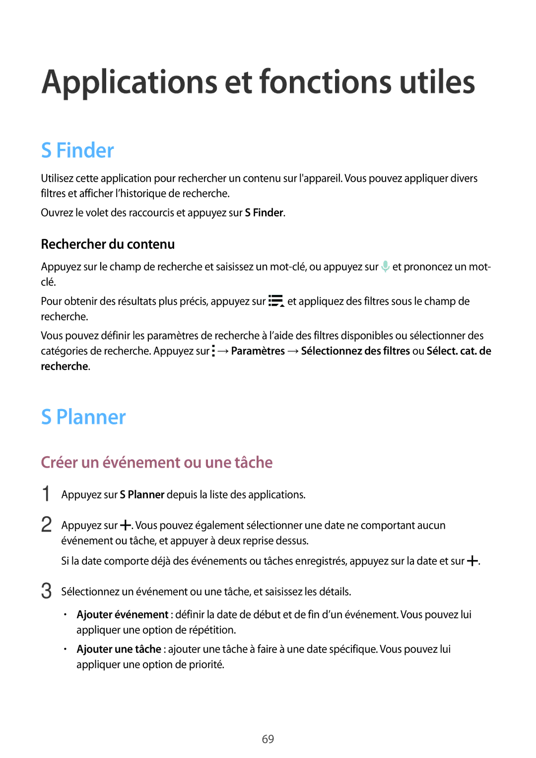 Samsung SM-A300FZKUFTM, SM-A300FZSUXEF manual Finder, Planner, Créer un événement ou une tâche, Rechercher du contenu 