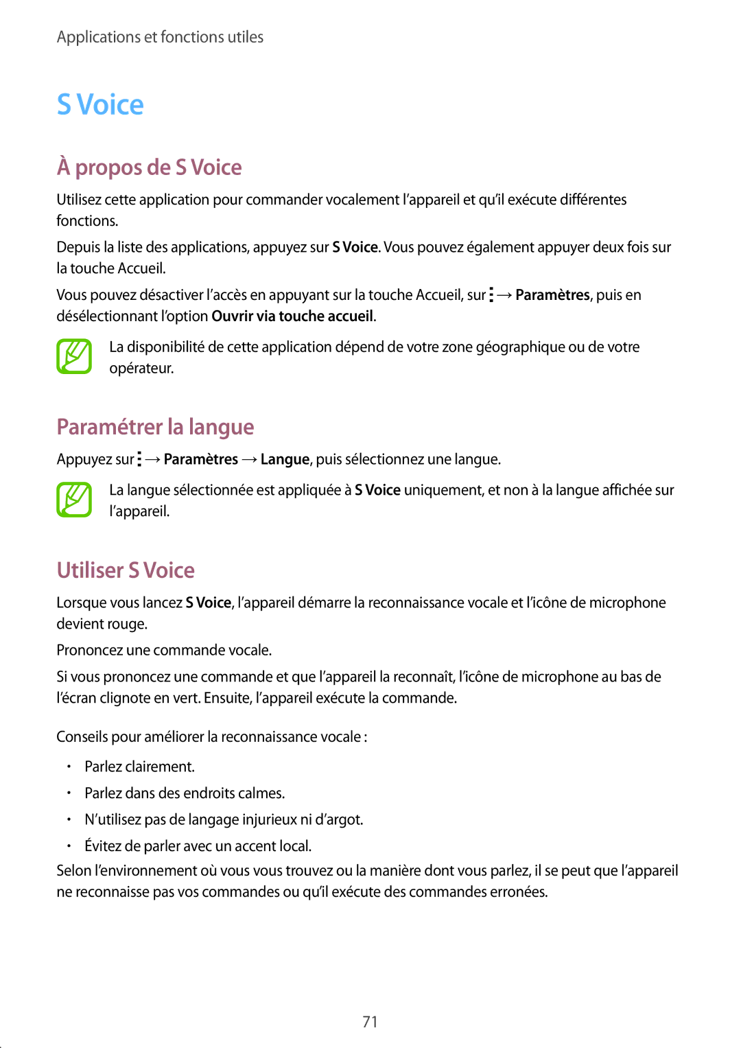 Samsung SM-A300FZKUBOG, SM-A300FZSUXEF, SM-A300FZWUFTM manual Propos de S Voice, Paramétrer la langue, Utiliser S Voice 