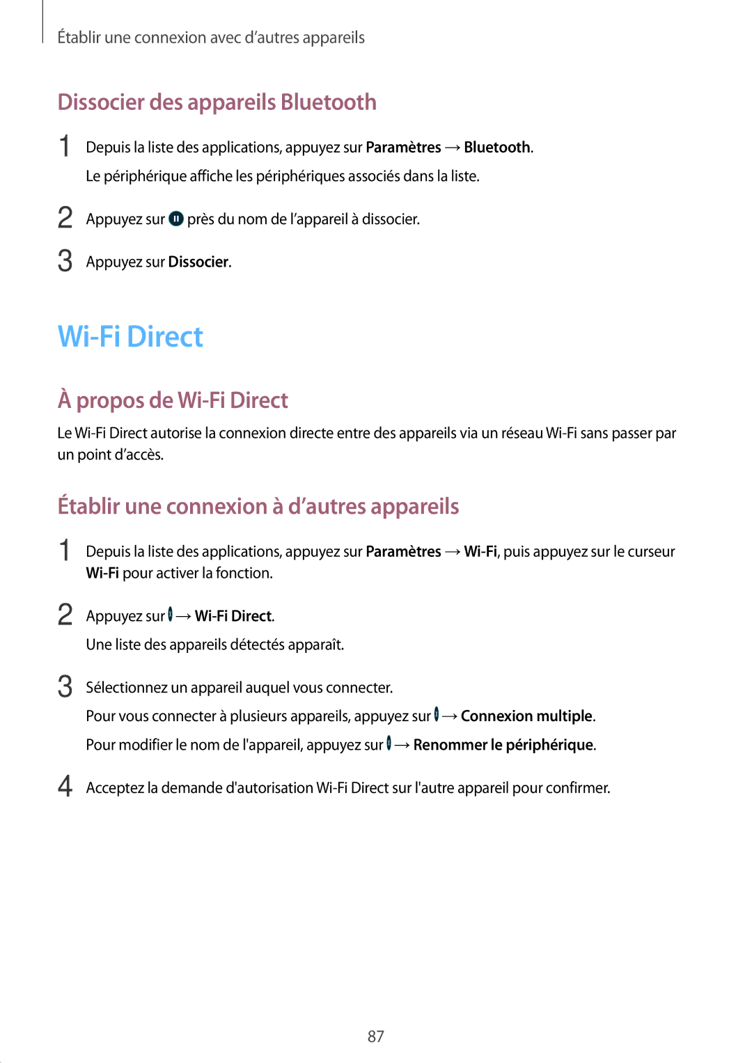 Samsung SM-A300FZDUFTM, SM-A300FZSUXEF, SM-A300FZKUBOG manual Dissocier des appareils Bluetooth, Propos de Wi-Fi Direct 