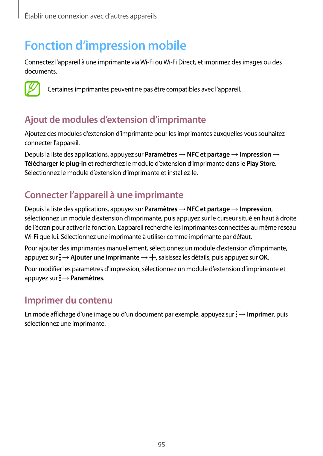 Samsung SM-A300FZWUXEF manual Fonction d’impression mobile, Ajout de modules d’extension d’imprimante, Imprimer du contenu 