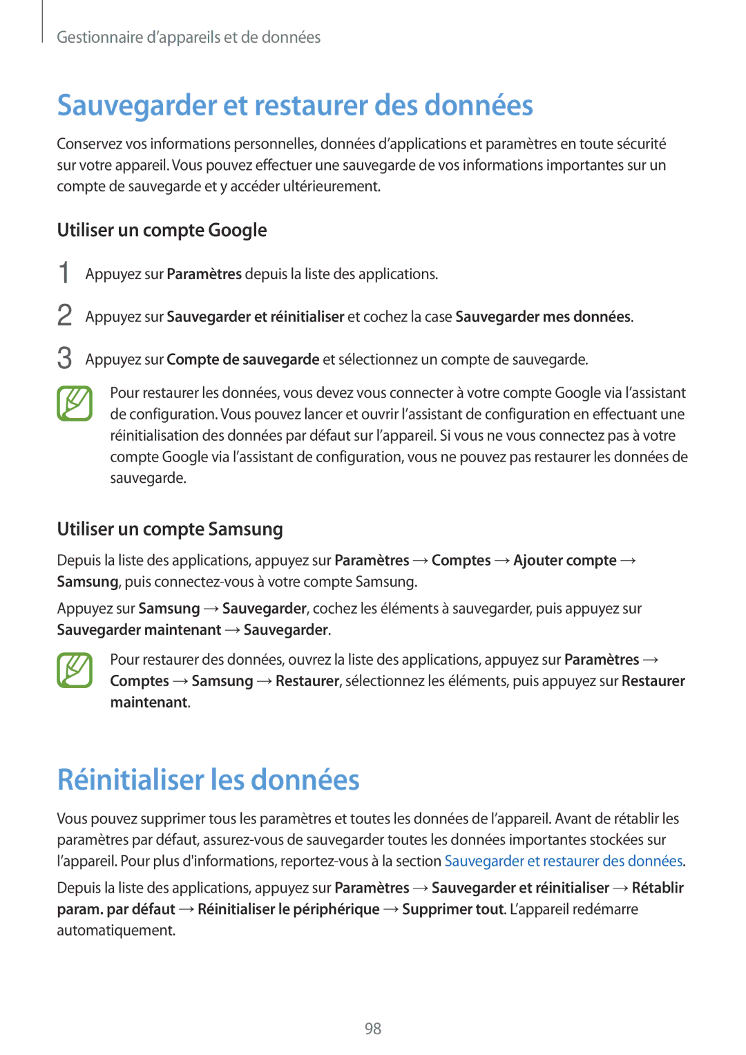 Samsung SM-A300FZKUSFR manual Sauvegarder et restaurer des données, Réinitialiser les données, Utiliser un compte Google 