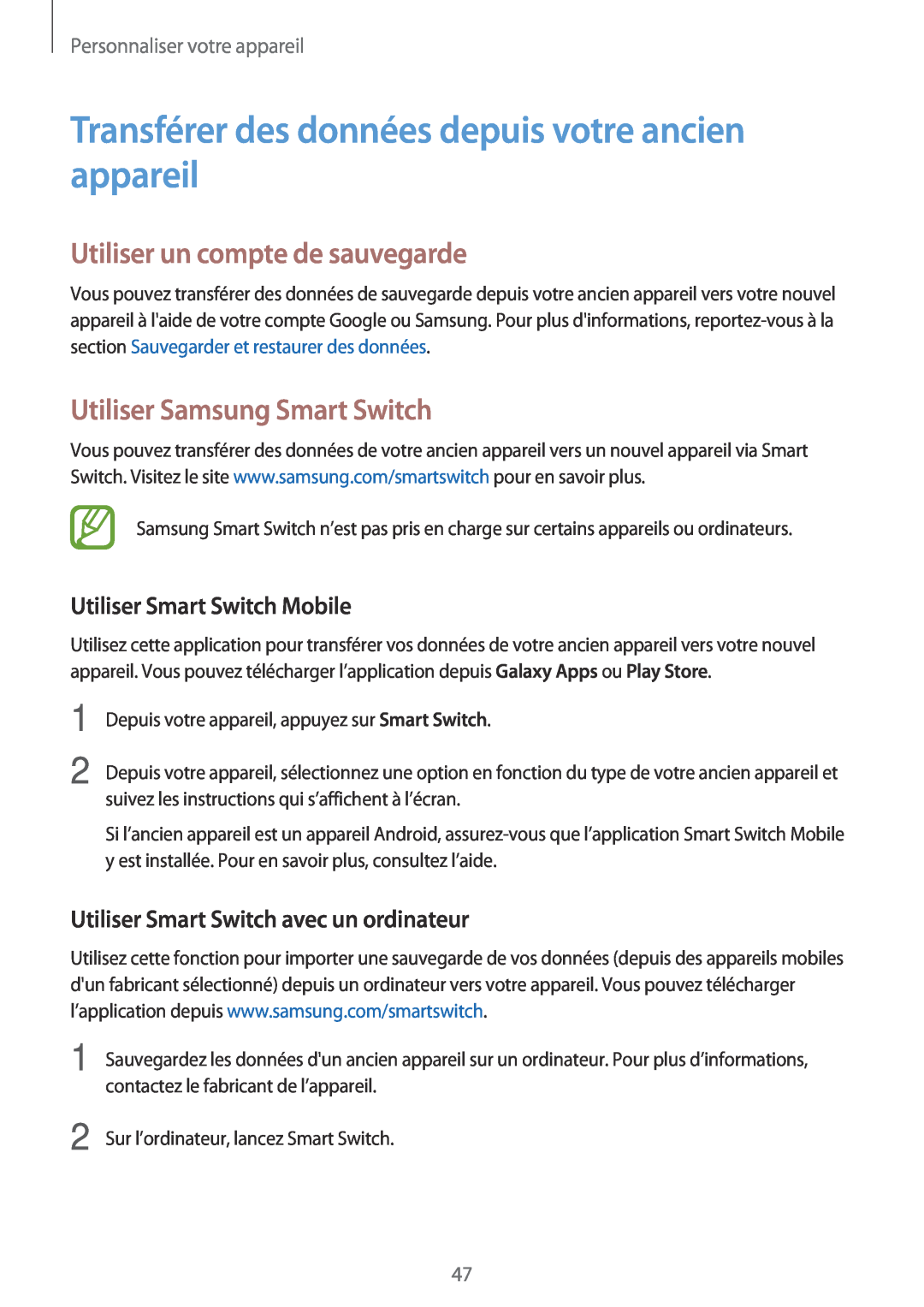 Samsung SM-A300FZDUFTM manual Transférer des données depuis votre ancien appareil, Utiliser un compte de sauvegarde 