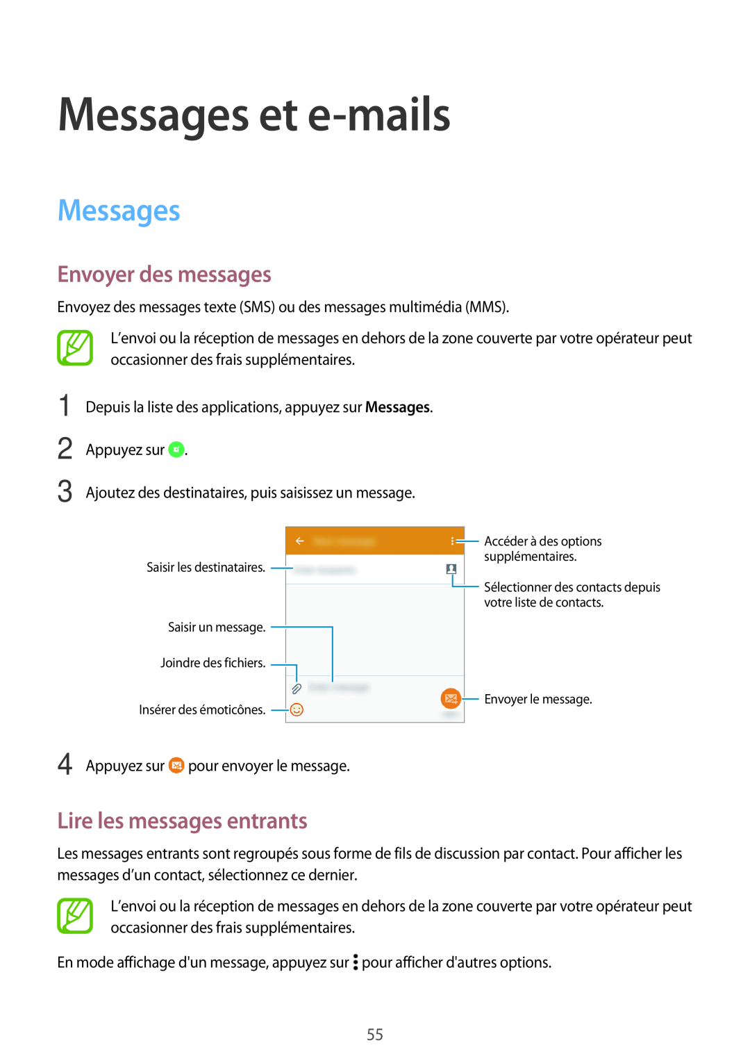 Samsung SM-A300FZWUXEF, SM-A300FZSUXEF manual Messages et e-mails, Envoyer des messages, Lire les messages entrants 