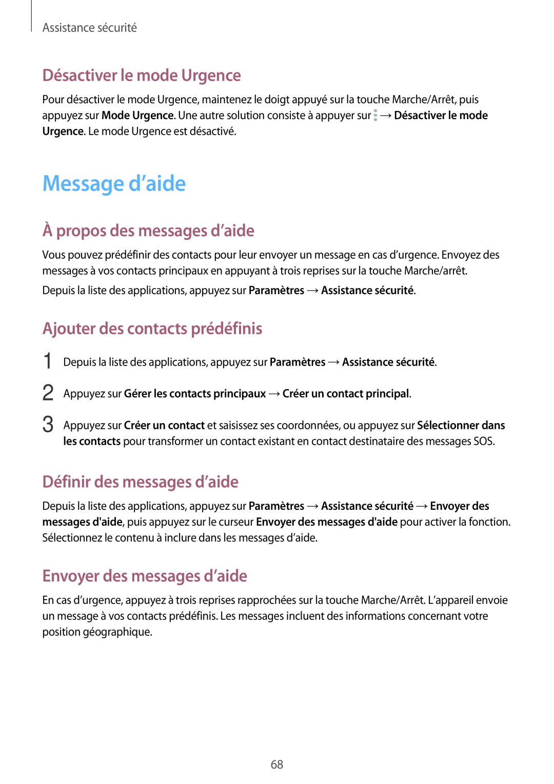 Samsung SM-A300FZKUSFR manual Message d’aide, Désactiver le mode Urgence, À propos des messages d’aide, Assistance sécurité 