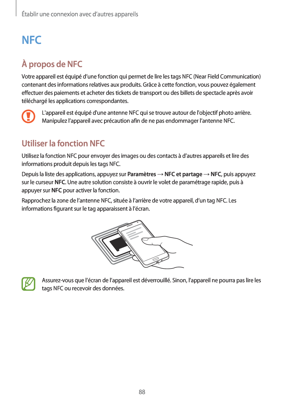 Samsung SM-A300FZKUSFR manual À propos de NFC, Utiliser la fonction NFC, Établir une connexion avec d’autres appareils 