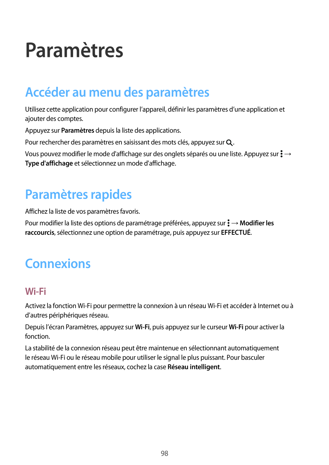 Samsung SM-A300FZKUSFR, SM-A300FZSUXEF manual Accéder au menu des paramètres, Paramètres rapides, Connexions, Wi-Fi 