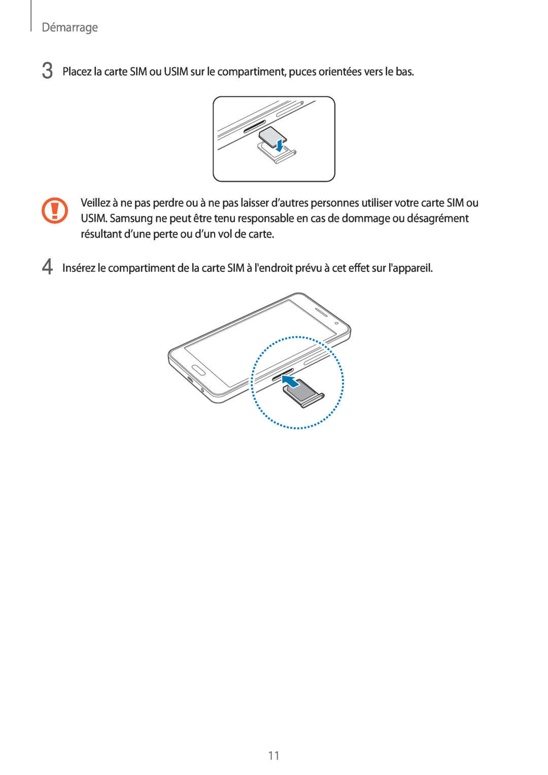 Samsung SM-A300FZKUBOG manual Démarrage, Placez la carte SIM ou USIM sur le compartiment, puces orientées vers le bas 