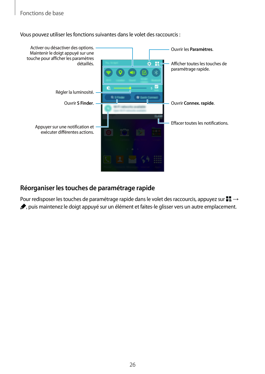 Samsung SM-A300FZKUXEF manual Réorganiser les touches de paramétrage rapide, Fonctions de base, Ouvrir Connex. rapide 