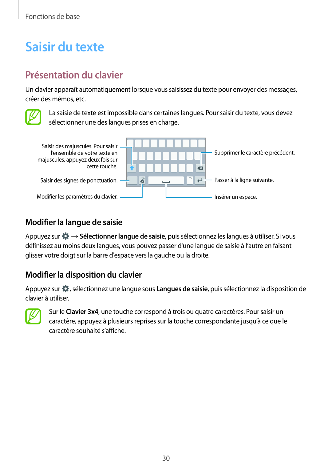 Samsung SM-A300FZSUXEF manual Saisir du texte, Présentation du clavier, Modifier la langue de saisie, Fonctions de base 