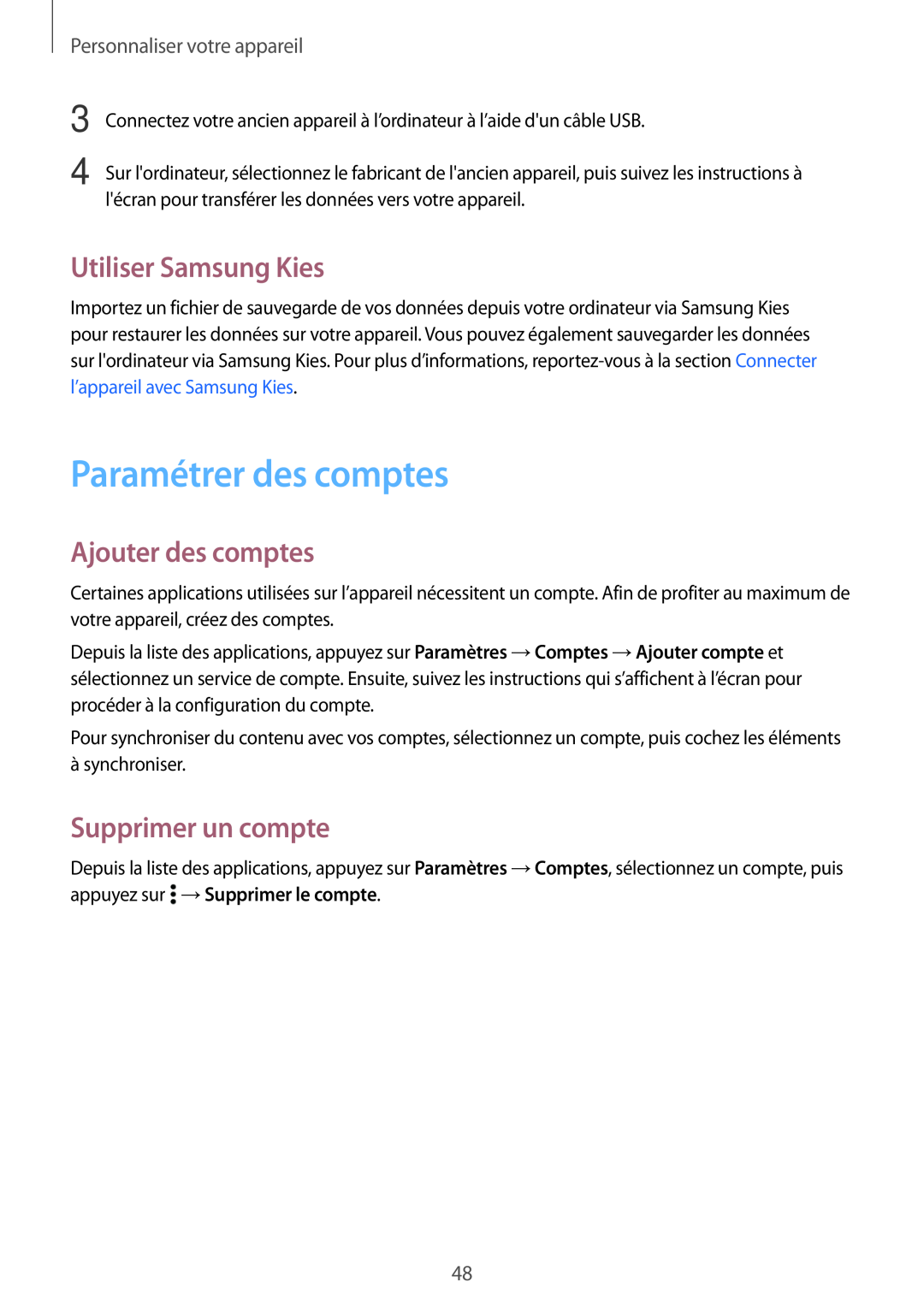 Samsung SM-A300FZKUSFR manual Paramétrer des comptes, Utiliser Samsung Kies, Ajouter des comptes, Supprimer un compte 