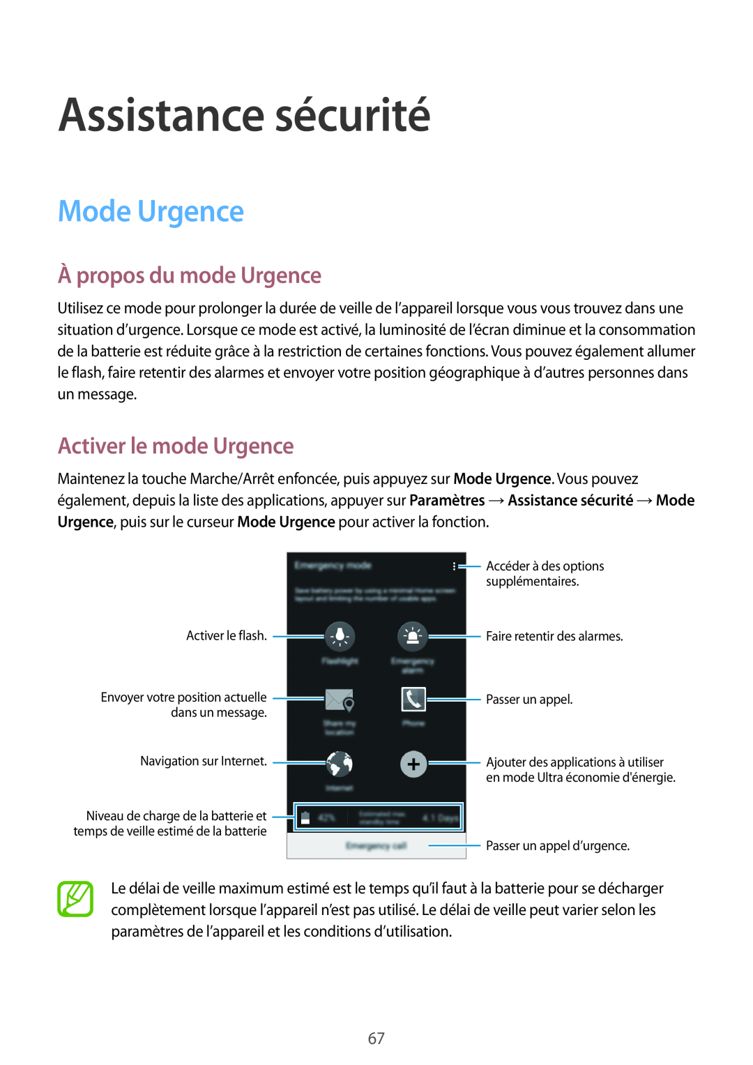 Samsung SM-A300FZDUFTM manual Assistance sécurité, Mode Urgence, À propos du mode Urgence, Activer le mode Urgence 