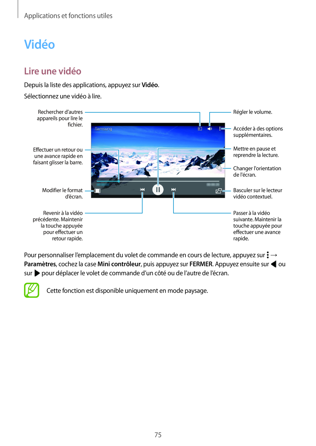 Samsung SM-A300FZWUXEF Vidéo, Lire une vidéo, Applications et fonctions utiles, faisant glisser la barre, Régler le volume 