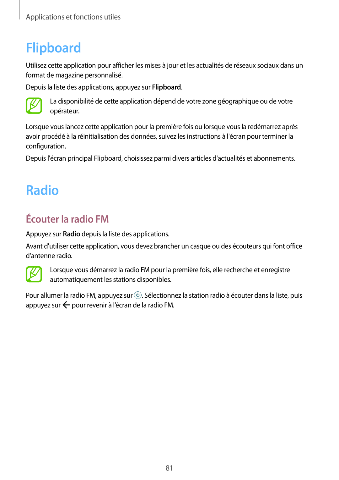 Samsung SM-A300FZKUBOG, SM-A300FZSUXEF manual Flipboard, Radio, Écouter la radio FM, Applications et fonctions utiles 