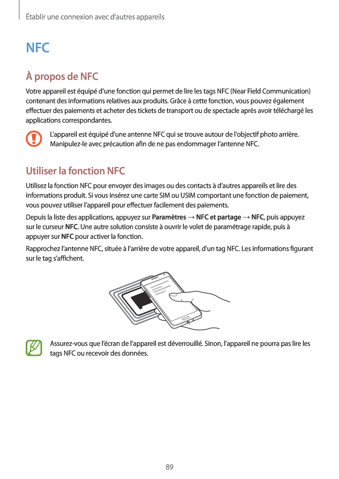 Samsung SM-A300FZKUFTM manual À propos de NFC, Utiliser la fonction NFC, Établir une connexion avec d’autres appareils 