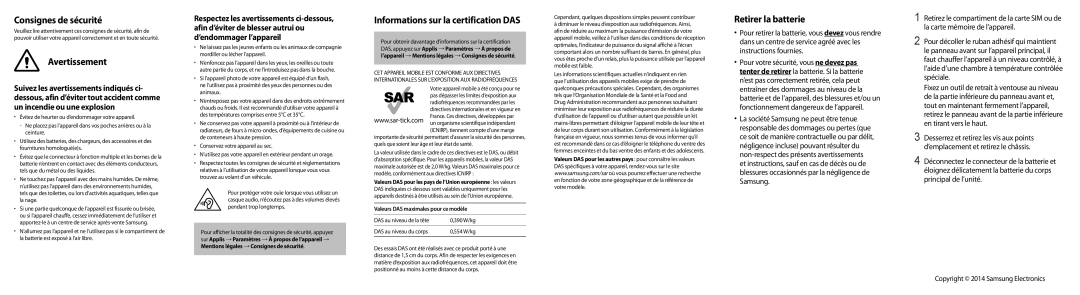 Samsung SM-A300FZWUFTM Consignes de sécurité, Avertissement, Informations sur la certification DAS, Retirer la batterie 