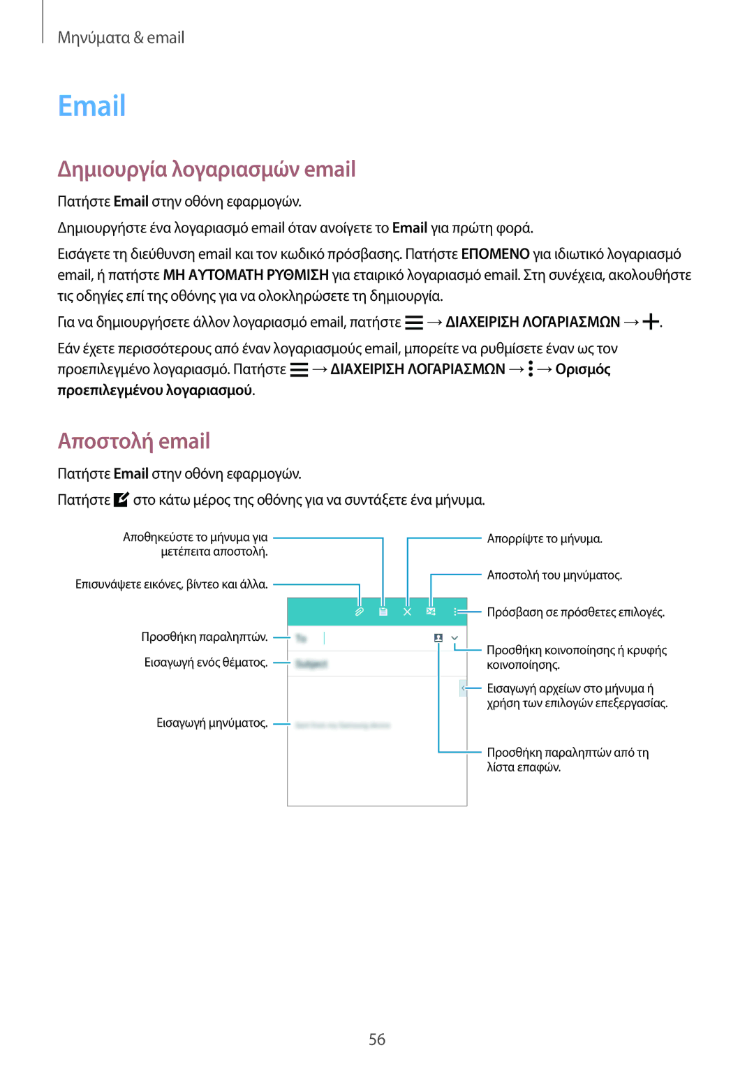 Samsung SM-A300FZDUEUR, SM-A300FZWUVGR, SM-A300FZKUVGR, SM-A300FZKUCOS manual Δημιουργία λογαριασμών email, Αποστολή email 