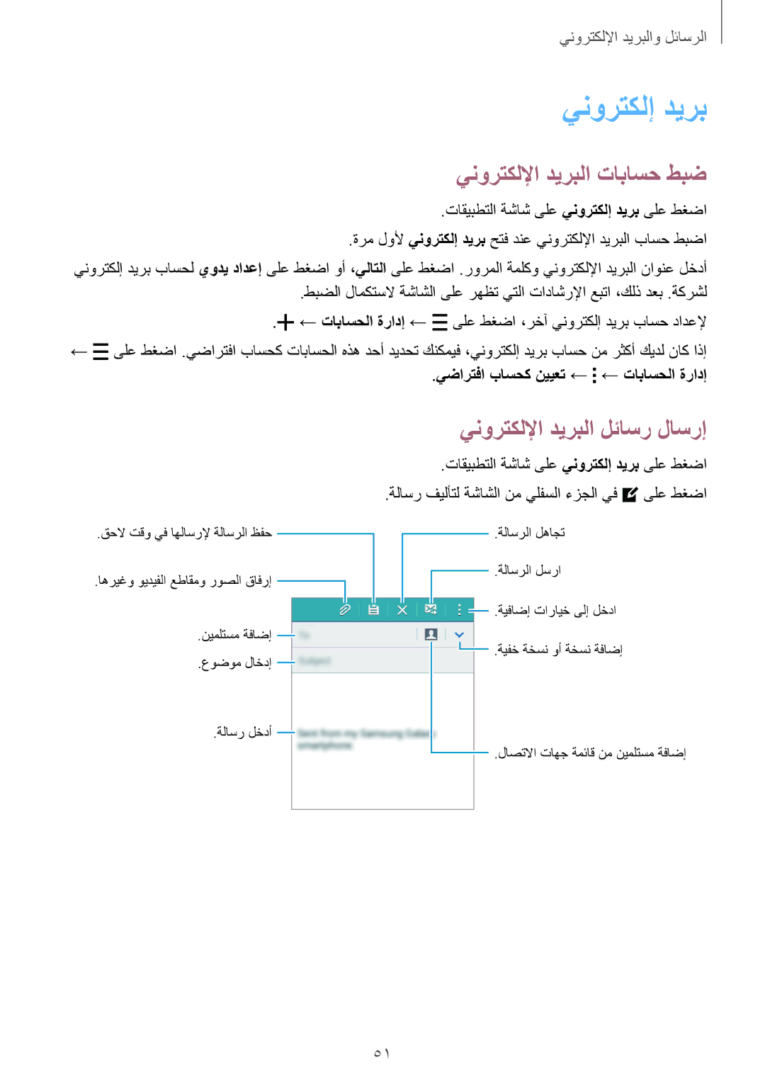 Samsung SM-A300HZWDKSA, SM-A300HZDDEGY manual ينورتكلإ ديرب, ينورتكللإا ديربلا تاباسح طبض, ينورتكللإا ديربلا لئاسر لاسرإ 