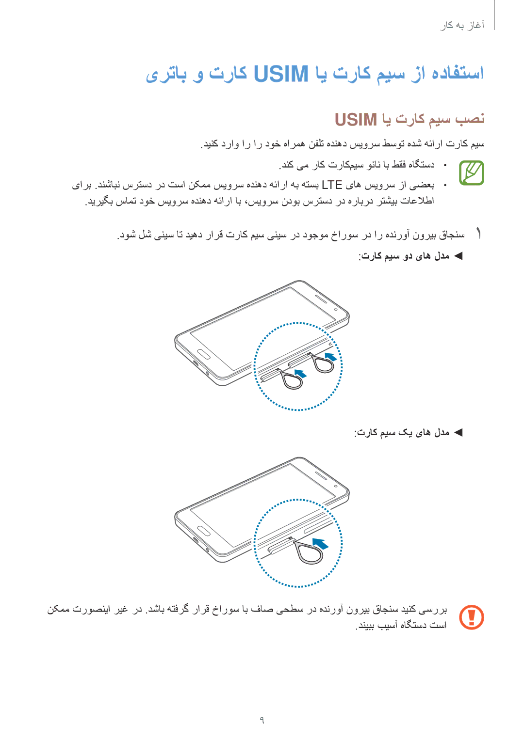 Samsung SM-A300HZDDEGY, SM-A300HZWDKSA, SM-A300HZKDTHR manual یرتاب و تراک Usim ای تراک میس زا هدافتسا, Usim ای تراک میس بصن 