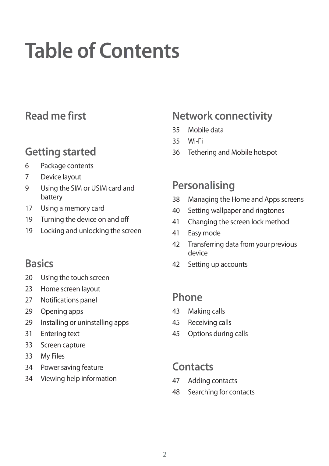 Samsung SM-A300HZKDTHR, SM-A300HZDDEGY, SM-A300HZWDKSA, SM-A300HZWDEGY, SM-A300HZWDTHR, SM-A300HZSDEGY manual Table of Contents 