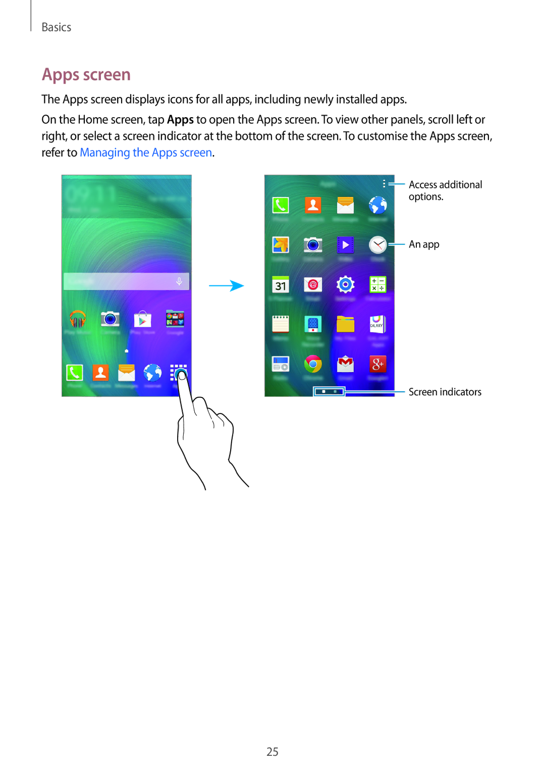 Samsung SM-A300HZSDEGY, SM-A300HZDDEGY, SM-A300HZWDKSA, SM-A300HZKDTHR, SM-A300HZWDEGY, SM-A300HZWDTHR manual Apps screen 