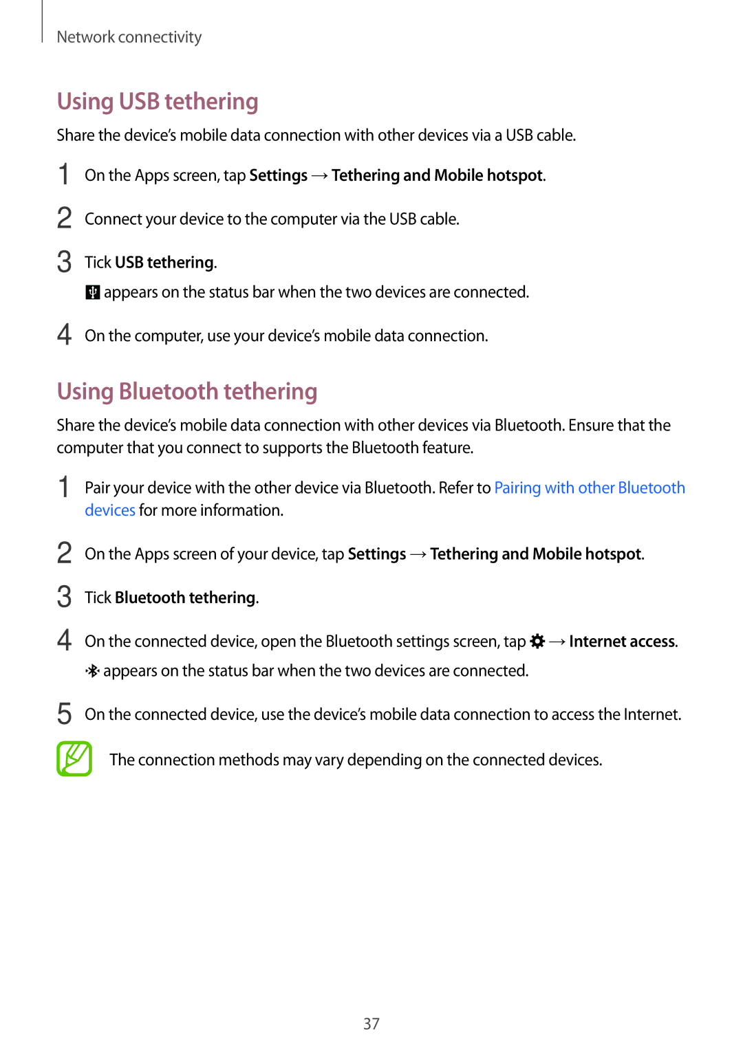 Samsung SM-A300HZWDCAC manual Using USB tethering, Using Bluetooth tethering, Tick USB tethering, Tick Bluetooth tethering 