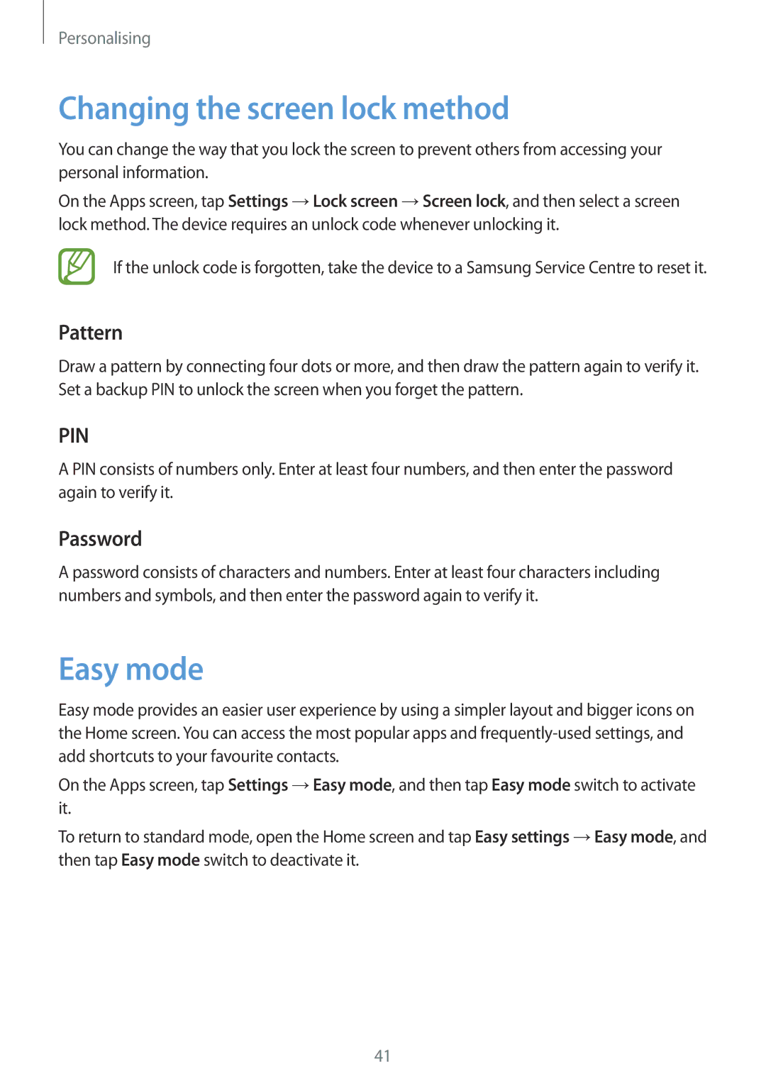 Samsung SM-A300HZWDKSA, SM-A300HZDDEGY, SM-A300HZKDTHR manual Changing the screen lock method, Easy mode, Pattern, Password 