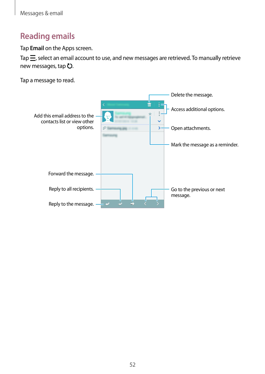 Samsung SM-A300HZKDTHR, SM-A300HZDDEGY, SM-A300HZWDKSA, SM-A300HZWDEGY, SM-A300HZWDTHR, SM-A300HZSDEGY manual Reading emails 