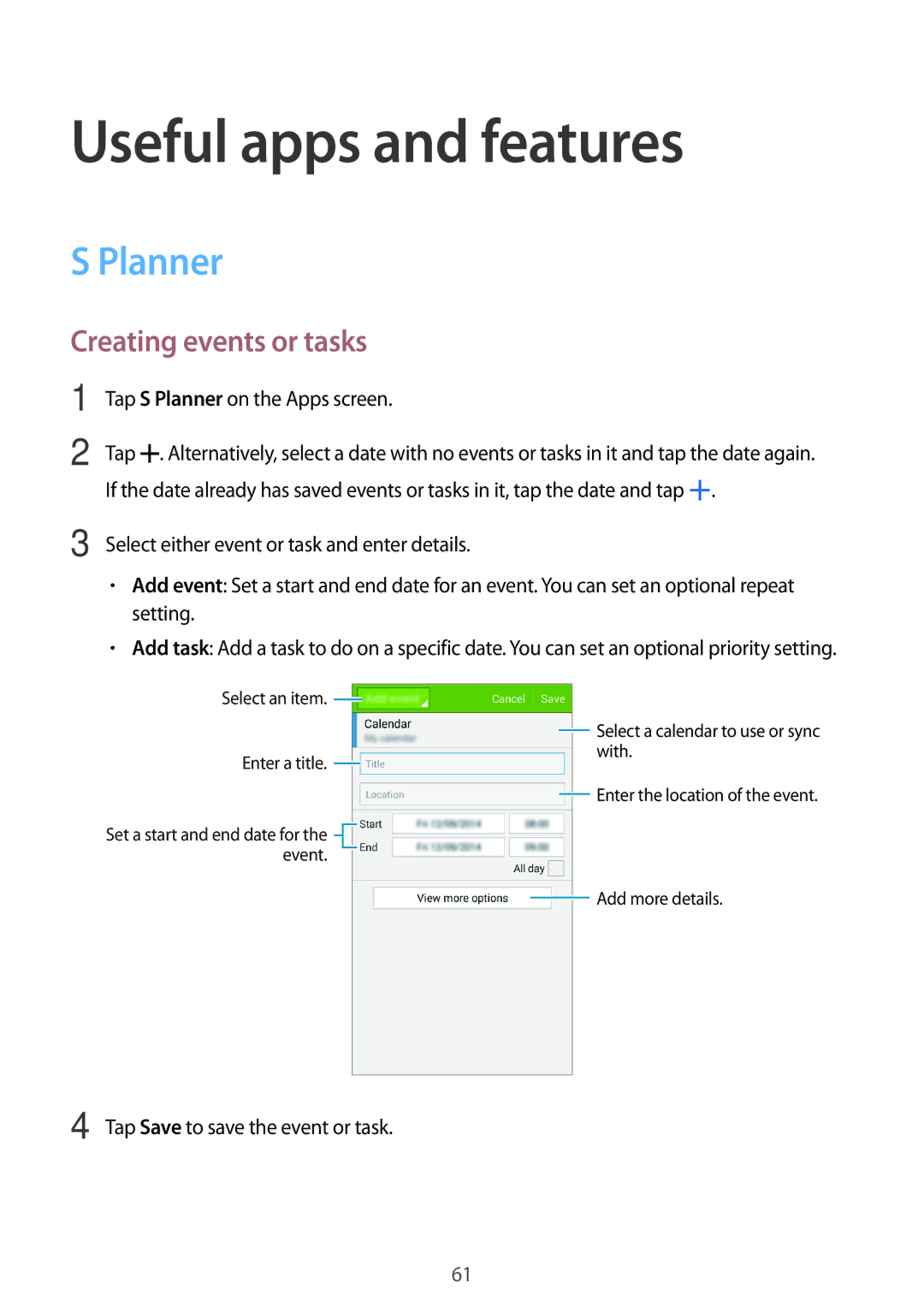 Samsung SM-A300HZWDKSA, SM-A300HZDDEGY, SM-A300HZKDTHR manual Useful apps and features, Planner, Creating events or tasks 