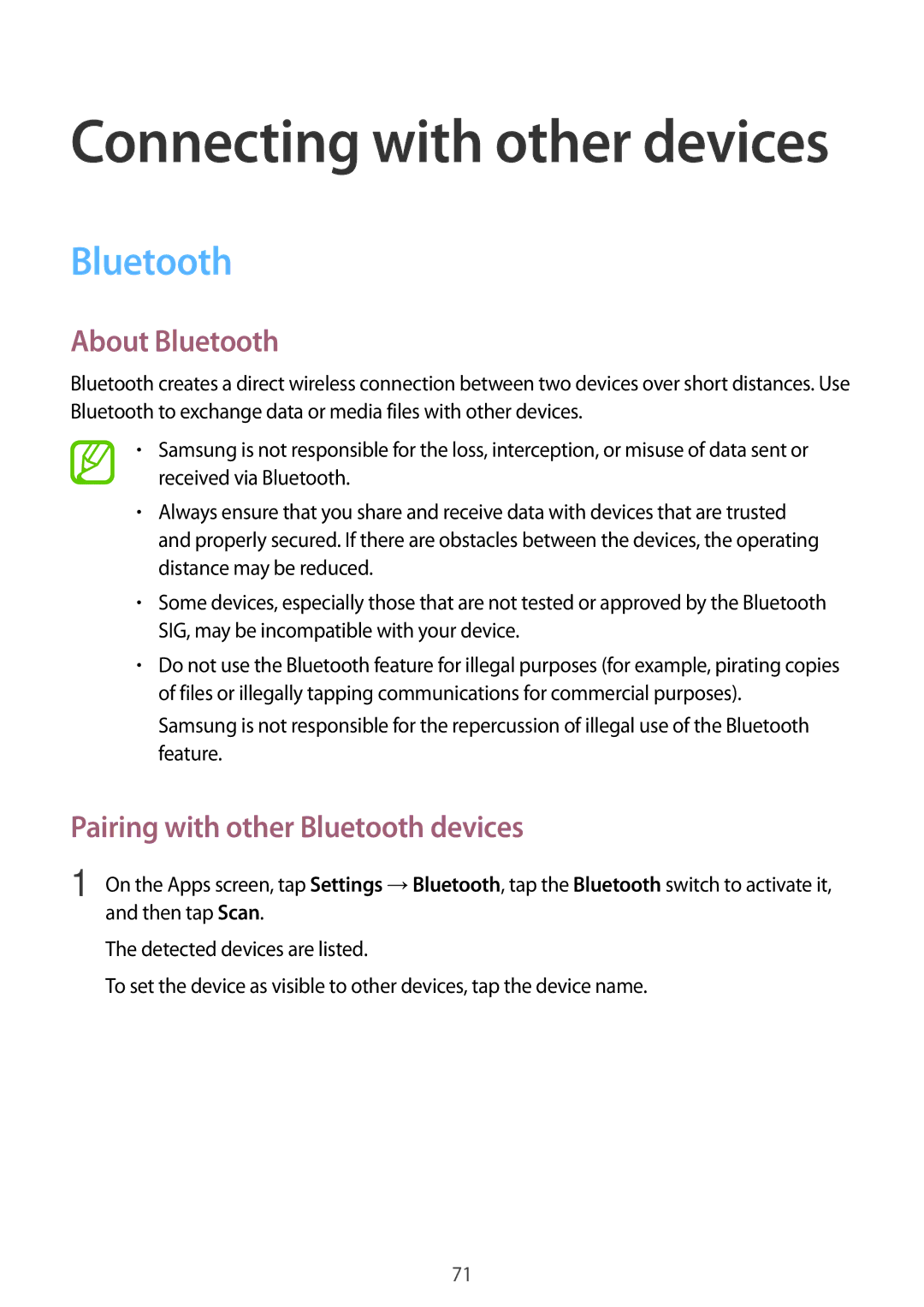 Samsung SM-A300HZWDKSA, SM-A300HZDDEGY, SM-A300HZKDTHR manual About Bluetooth, Pairing with other Bluetooth devices 