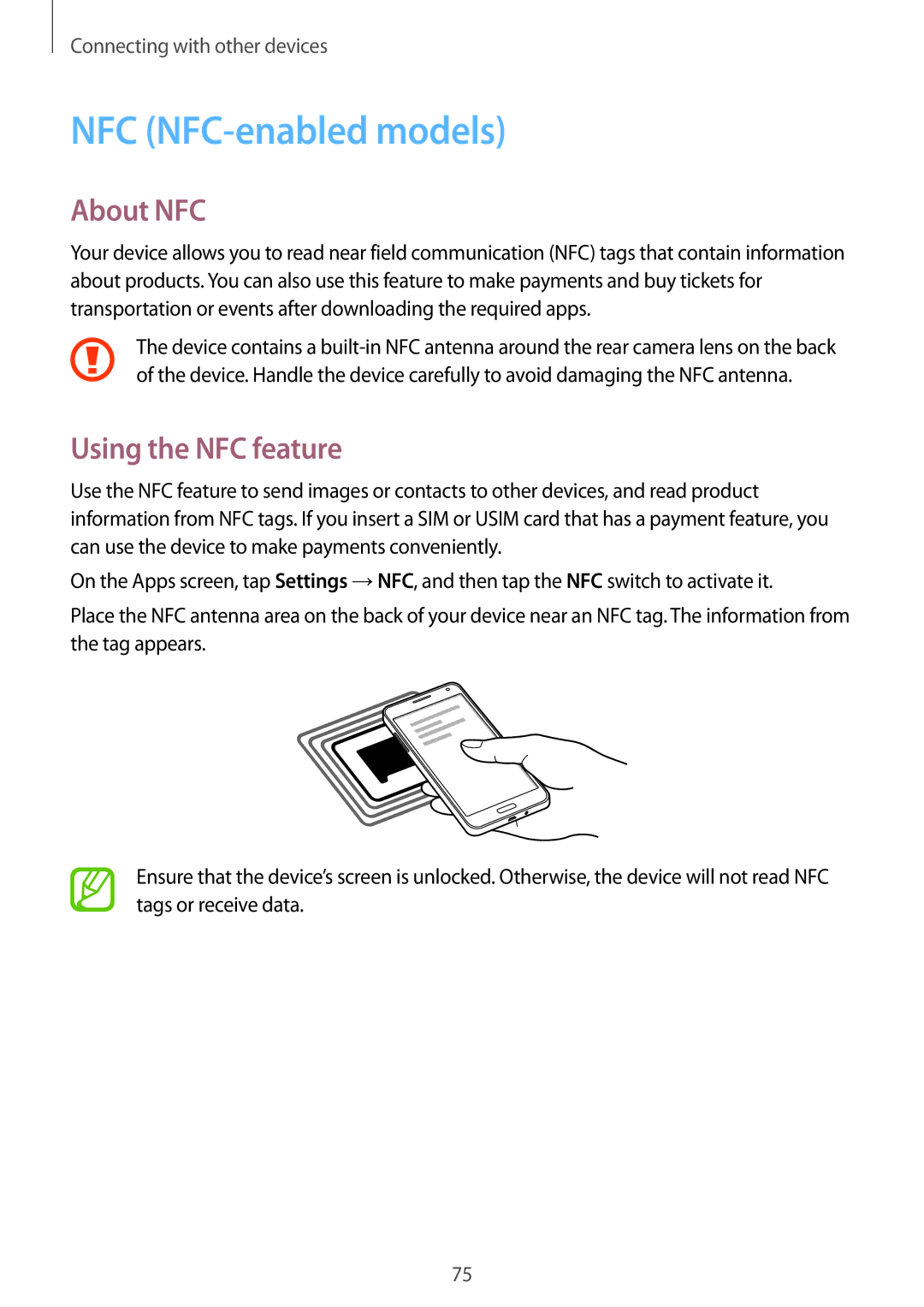 Samsung SM-A300HZSDEGY, SM-A300HZDDEGY, SM-A300HZWDKSA manual NFC NFC-enabled models, About NFC, Using the NFC feature 