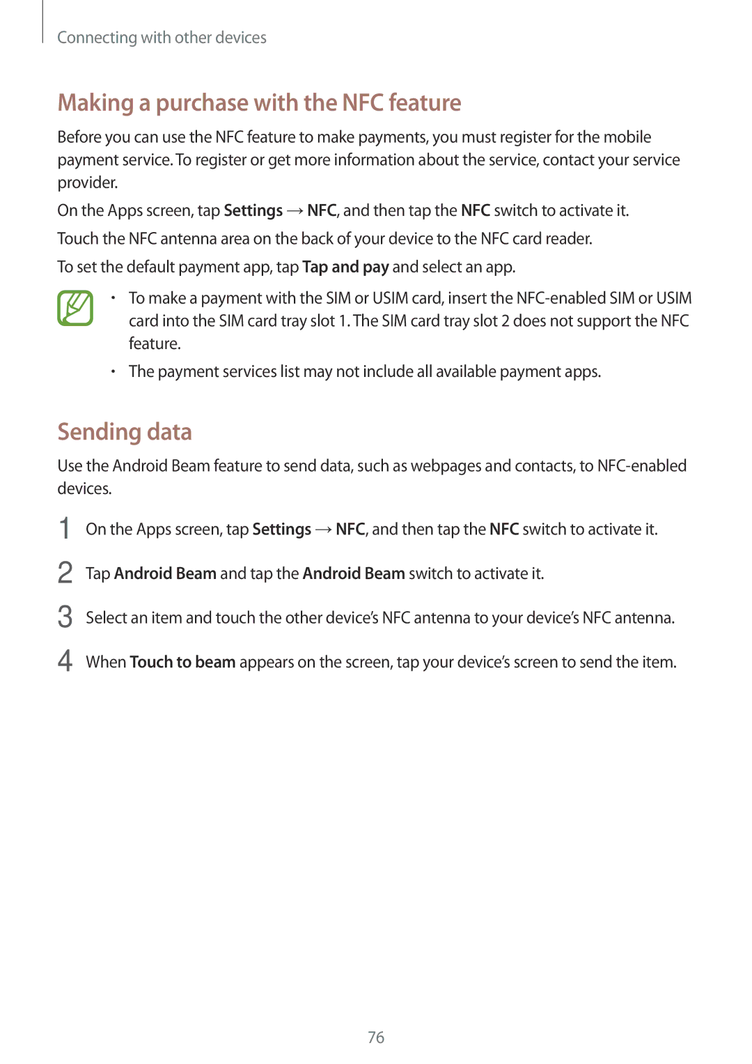 Samsung SM-A300HZKDEGY, SM-A300HZDDEGY, SM-A300HZWDKSA, SM-A300HZKDTHR Making a purchase with the NFC feature, Sending data 