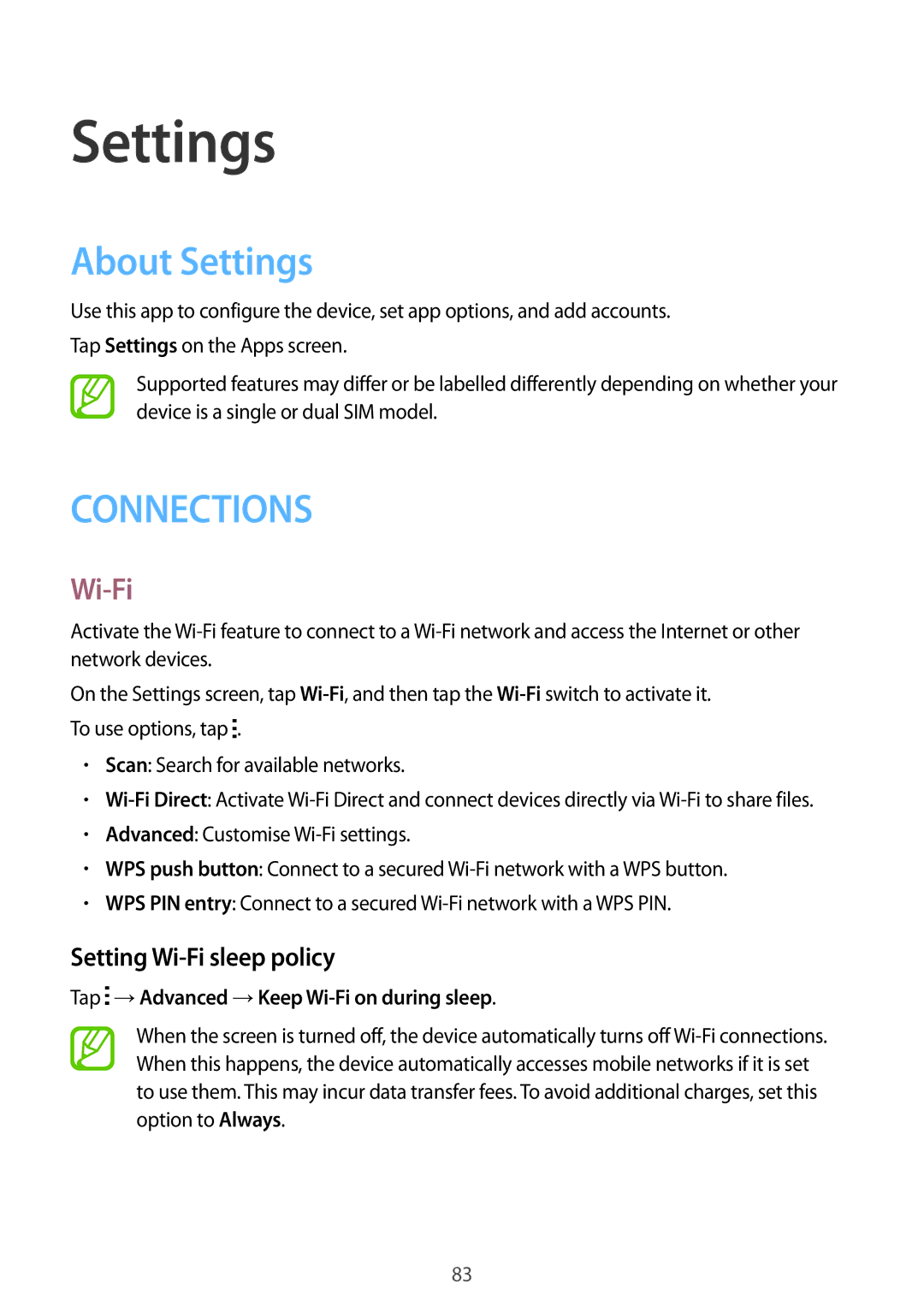 Samsung SM-A300HZWDEGY manual About Settings, Setting Wi-Fi sleep policy, Tap →Advanced →Keep Wi-Fi on during sleep 