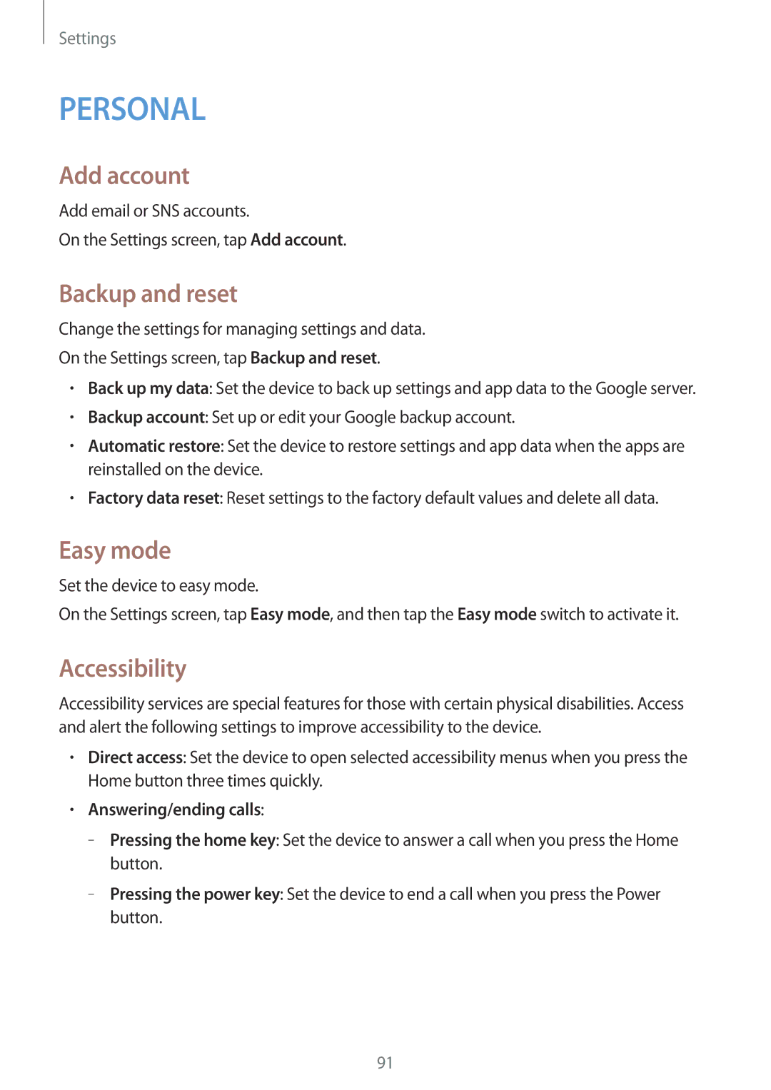 Samsung SM-A300HZWDKSA, SM-A300HZDDEGY, SM-A300HZKDTHR manual Add account, Backup and reset, Easy mode, Accessibility 