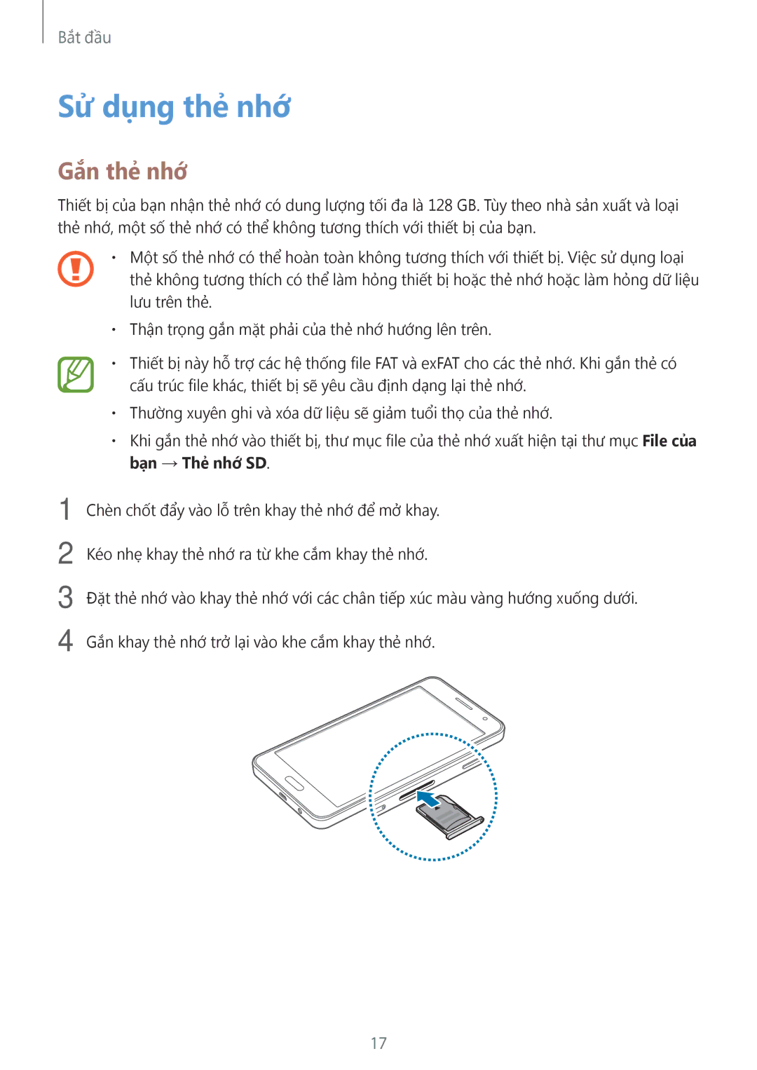 Samsung SM-A300HZDDXXV manual Sử dụng thẻ nhớ, Gắn thẻ nhớ 